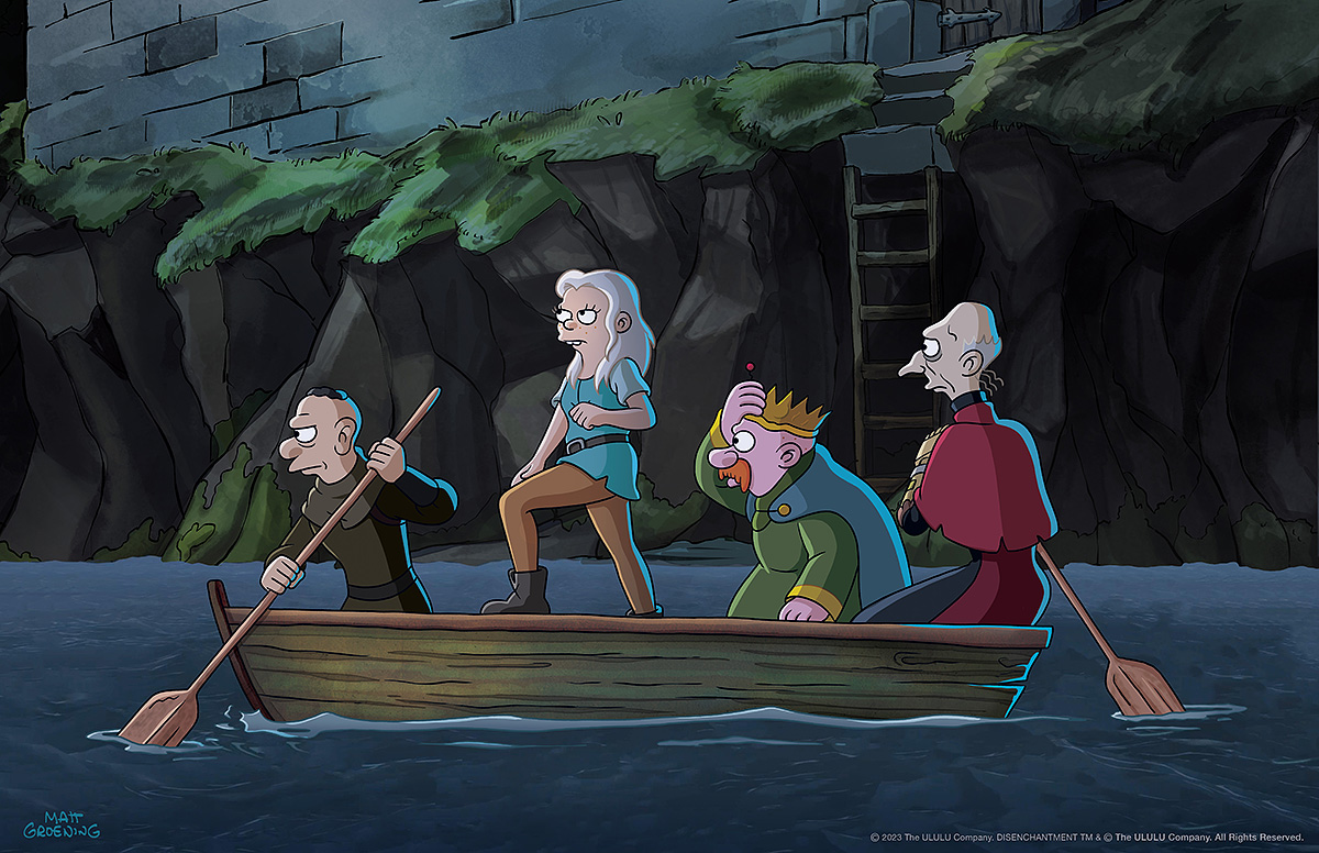 Disenchantment: Part 5. (L to R) Eric Andre as Porky, Abbi Jacobson as Bean, John DiMaggio as Zog, and Maurice LaMarche as Big Jo in Disenchantment: Part 5. Cr. NETFLIX © 2023