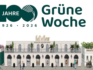 Blumenhalle Fassadenansicht mit 100 Jahre IGW Logo // Quelle: Design Blumenhalle Grüne Woche 2026. Grafik: Landgard Service GmbH und Messe Berlin