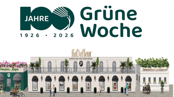 Blumenhalle Fassadenansicht mit 100 Jahre IGW Logo // Quelle: Design Blumenhalle Grüne Woche 2026. Grafik: Landgard Service GmbH und Messe Berlin