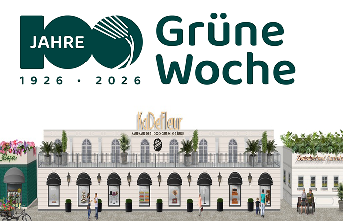 Blumenhalle Fassadenansicht mit 100 Jahre IGW Logo // Quelle: Design Blumenhalle Grüne Woche 2026. Grafik: Landgard Service GmbH und Messe Berlin