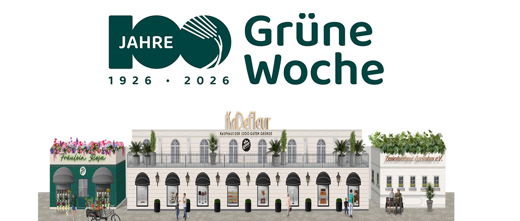 Blumenhalle Fassadenansicht mit 100 Jahre IGW Logo // Quelle: Design Blumenhalle Grüne Woche 2026. Grafik: Landgard Service GmbH und Messe Berlin